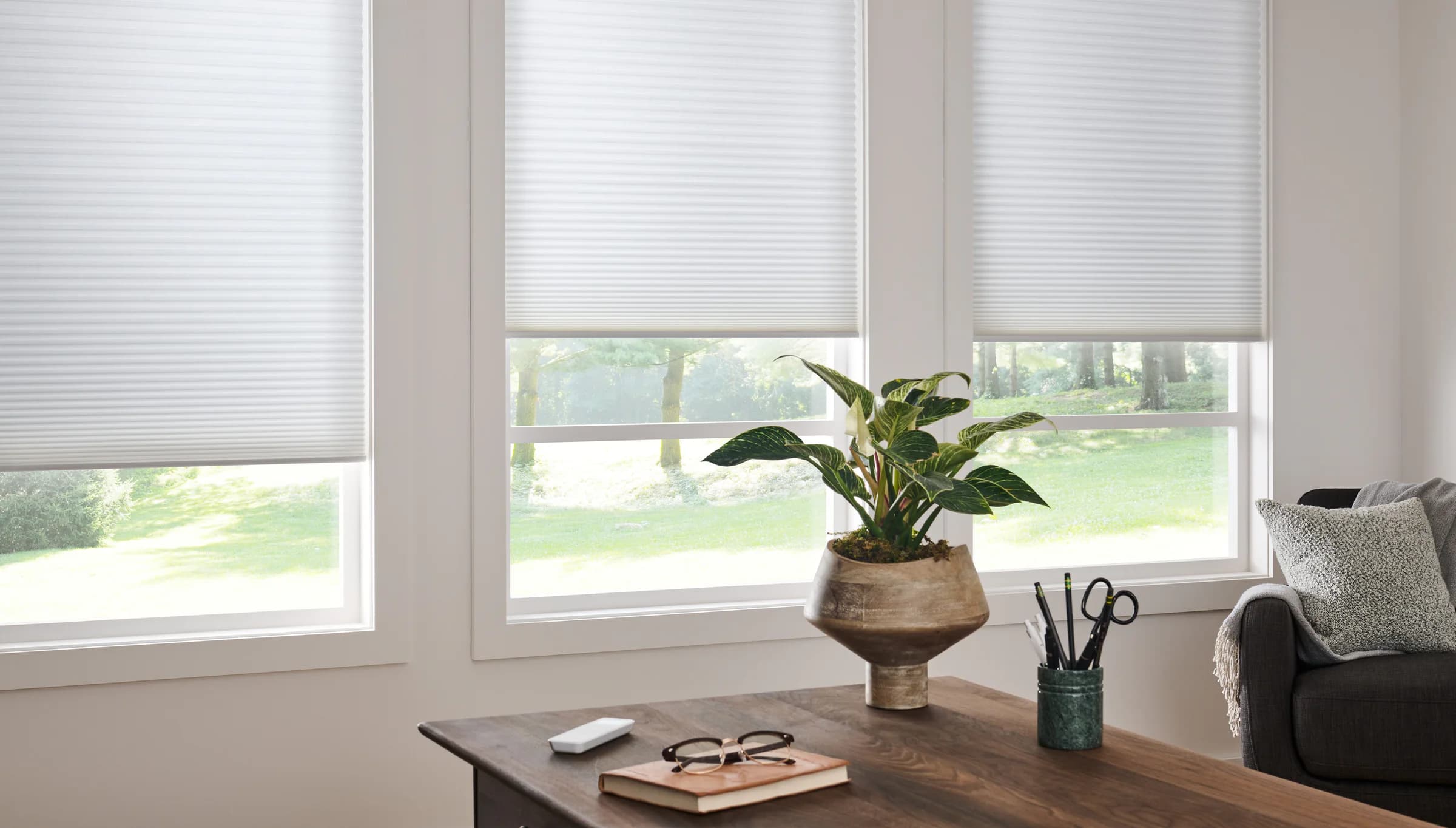 White cellular shades filtering light across two windows