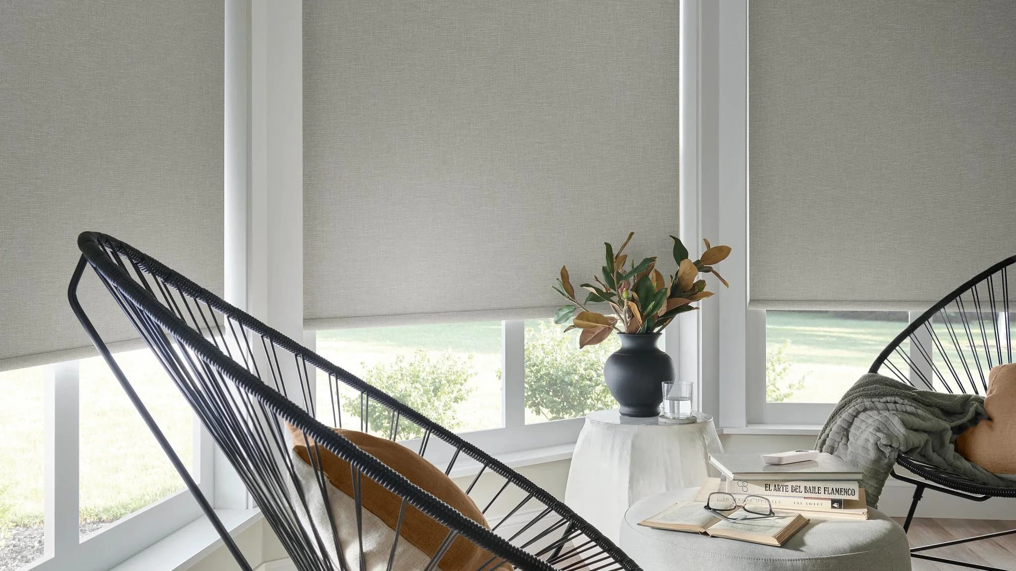 Coordinated gray roller shades in a modern sitting room