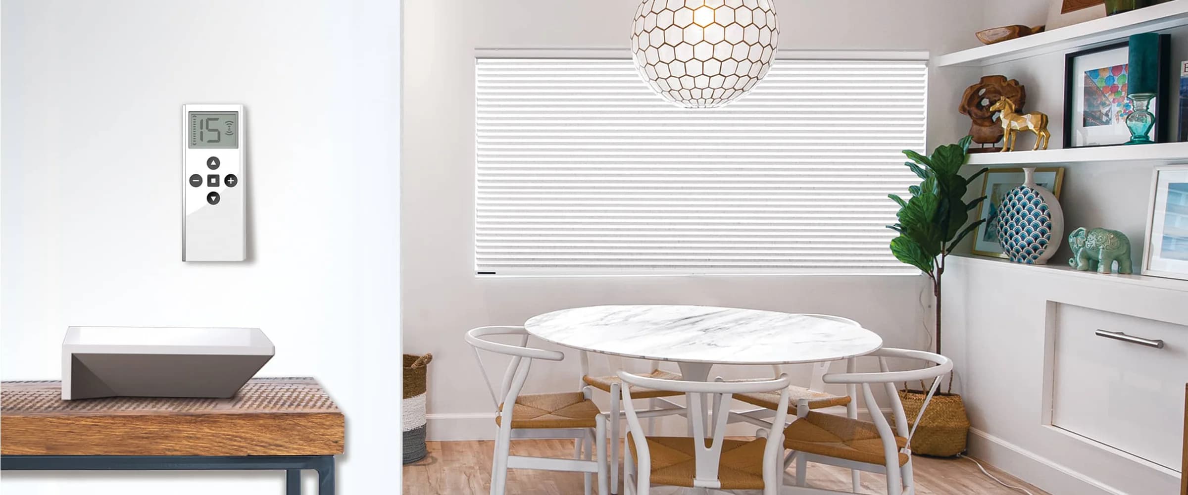 Motorized cellular shades and their control in an open dining room
