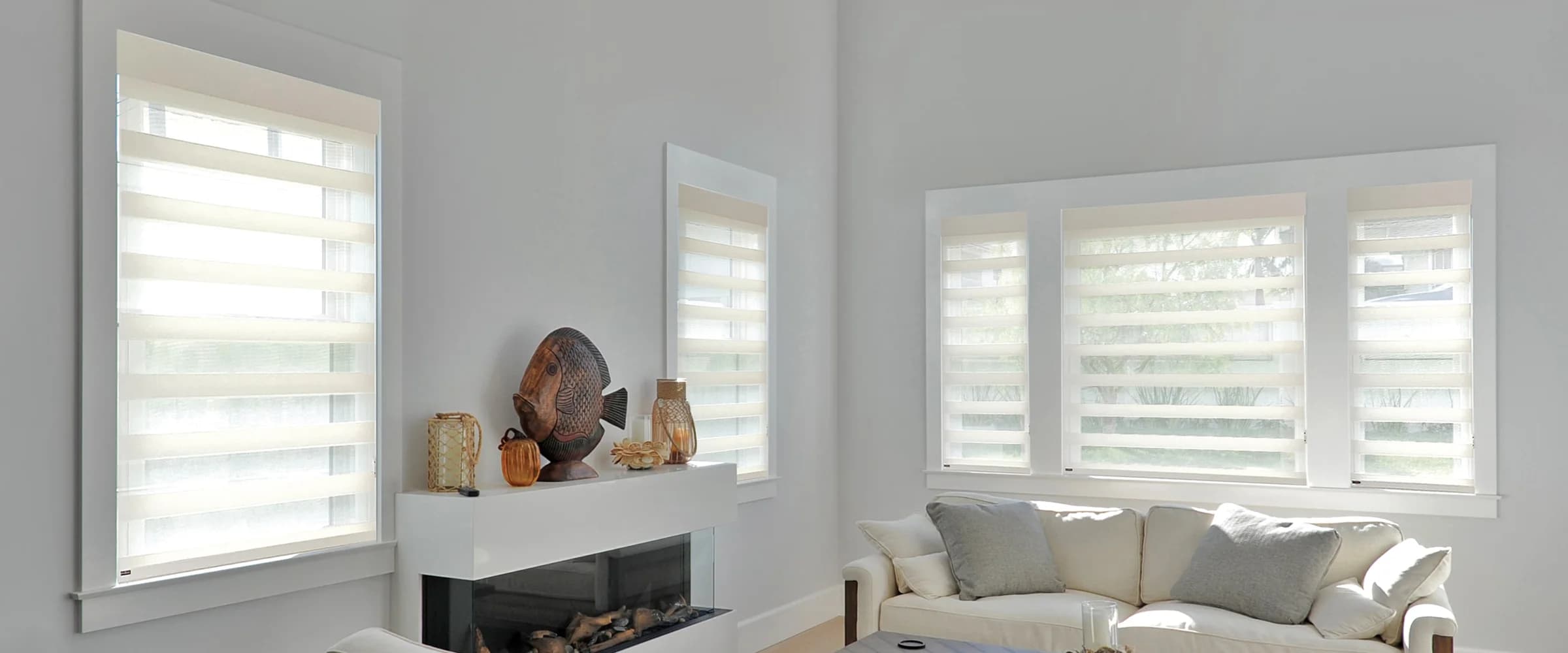 Layered sheer shades balancing filtered light and view in a bright living room