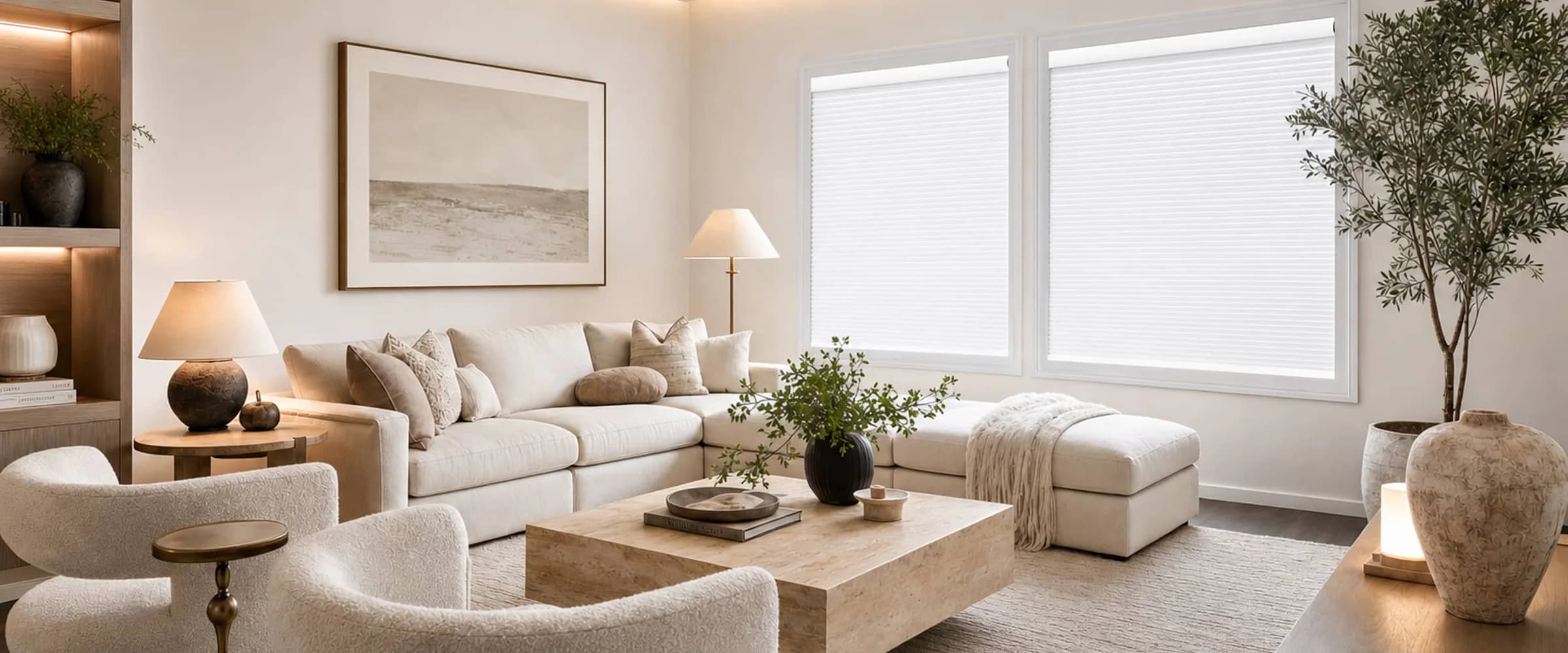 Cellular shades softening daylight in a neutral living room