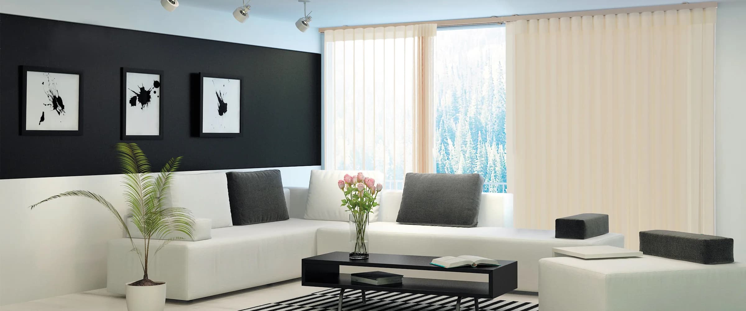 Soft vertical SmartDrape panels spanning a broad dining-room opening