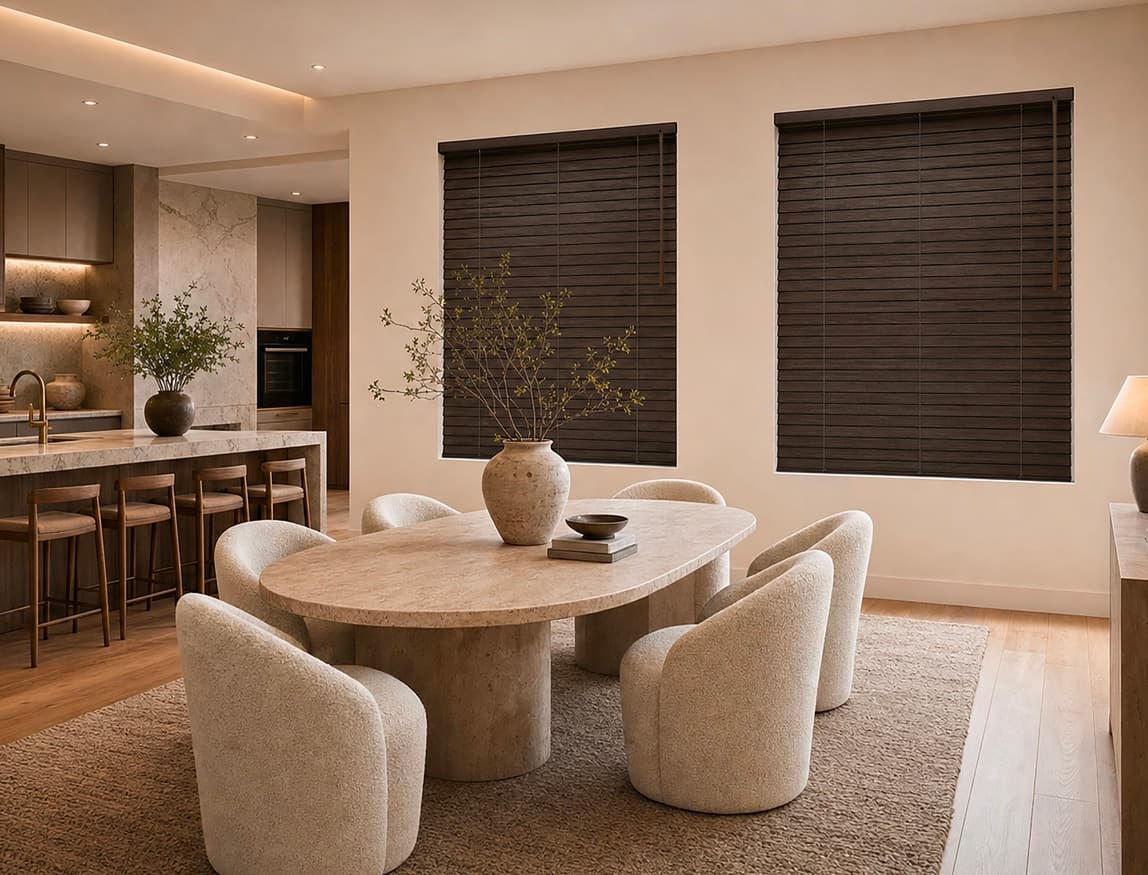 Dark wood blinds providing adjustable light control in a dining room